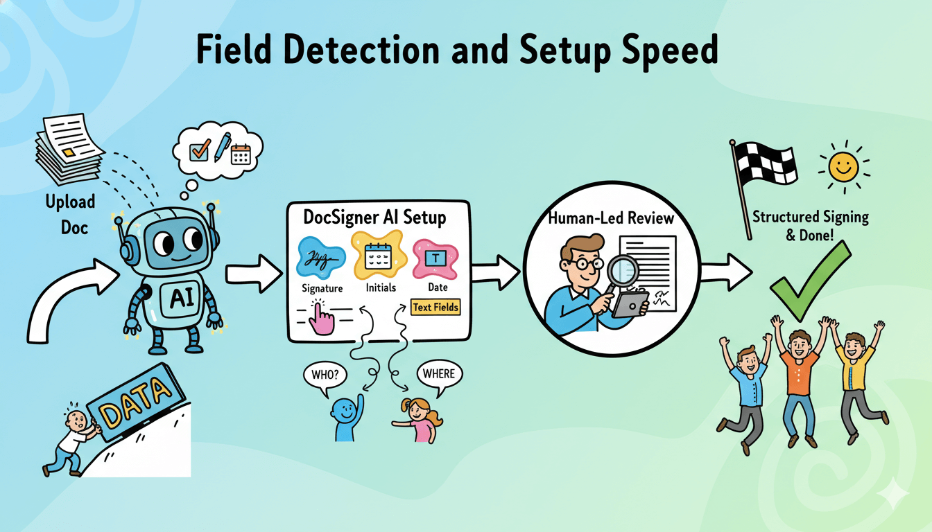 Una infografía de dibujos animados y divertida ilustra el flujo de trabajo de DocSigner AI para la detección en campo y la rápida configuración de documentos.