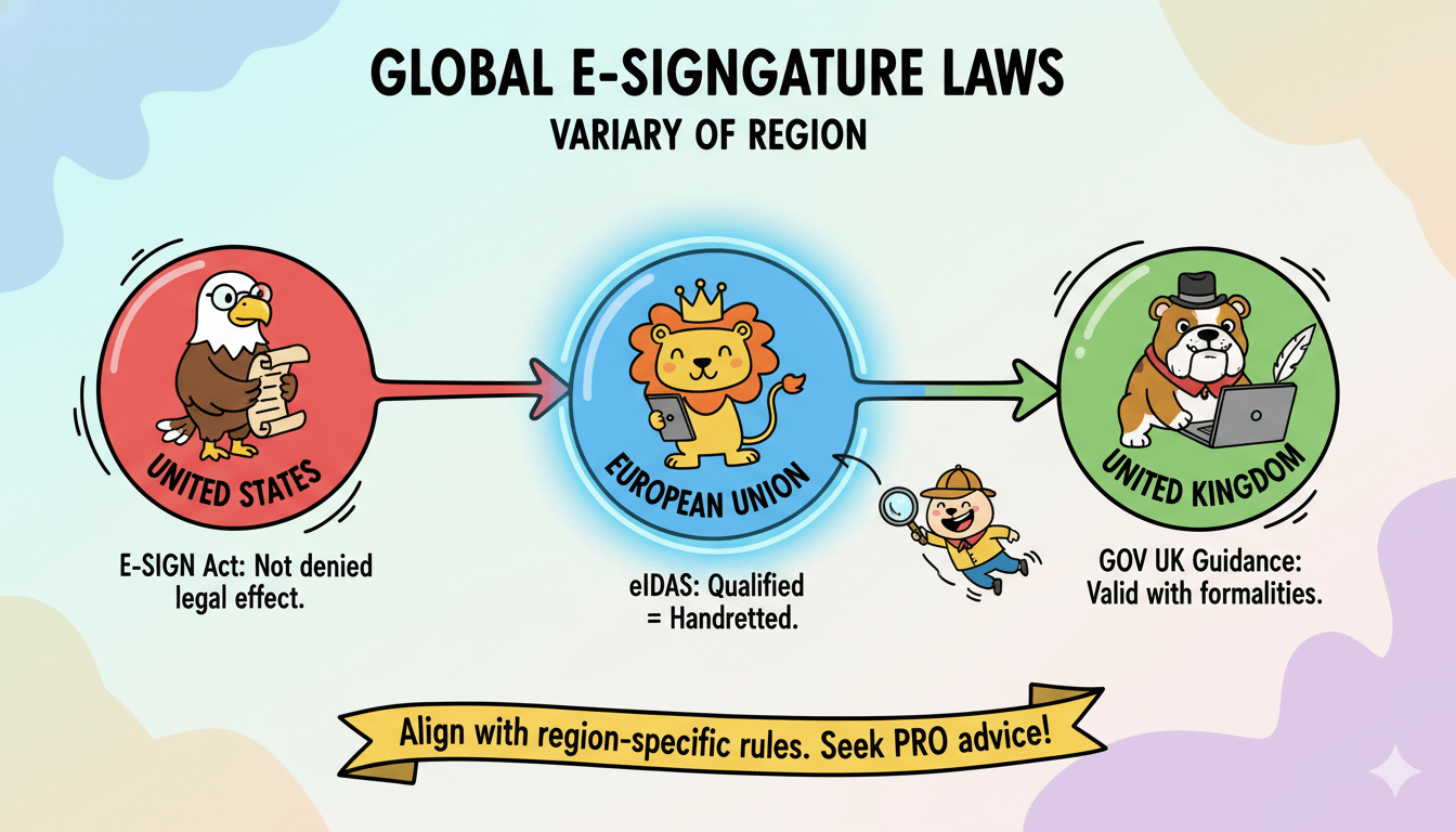 Una infografía de caricaturas caprichosa que ilustra los distintos marcos legales para las firmas electrónicas en Estados Unidos, la Unión Europea y el Reino Unido.