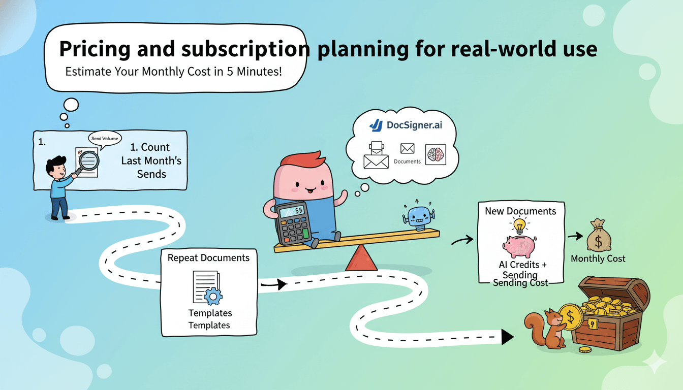 Una infografía que ilustra cómo estimar los costes mensuales de suscripción a DocSigner AI basándose en el volumen de envíos de documentos y el uso de IA.