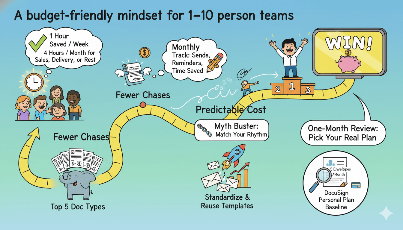 Una infografía de dibujos animados y divertida ilustra cómo una mentalidad económica y hábitos de seguimiento ayudan a los equipos pequeños a elegir el plan adecuado.