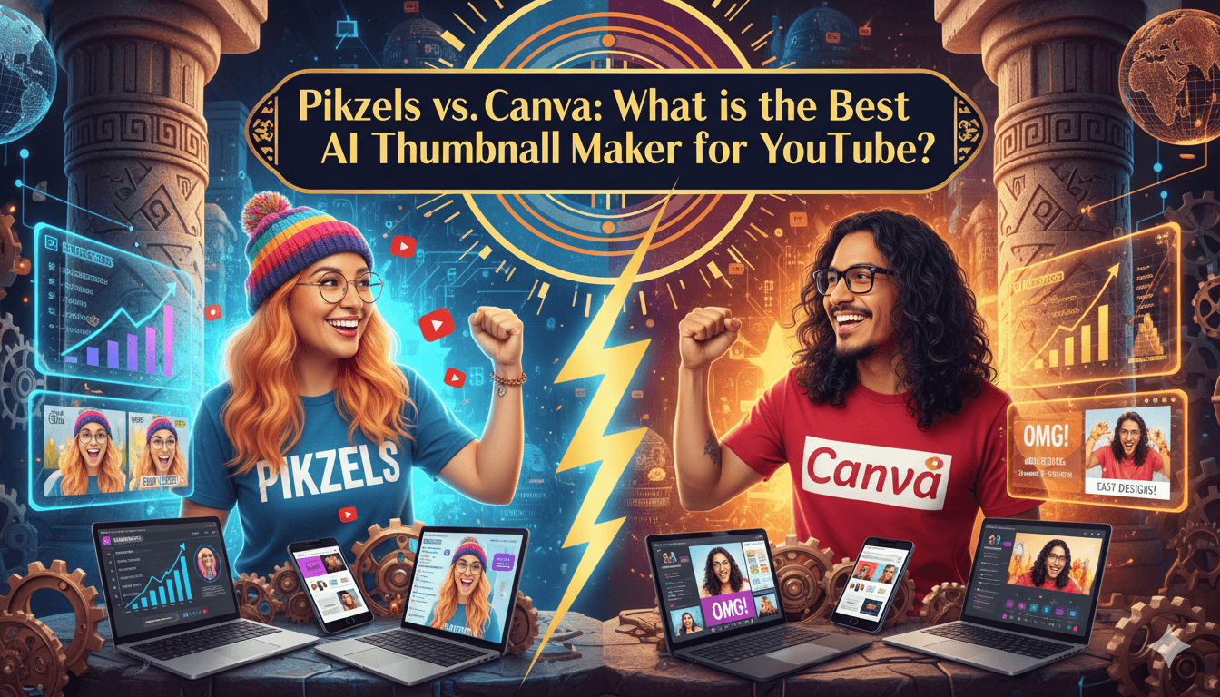 Dos YouTubers sonrientes, una mujer para Pikzels y un hombre para Canva, se chocan el puño en una comparación de miniaturas tipo IA "versus".