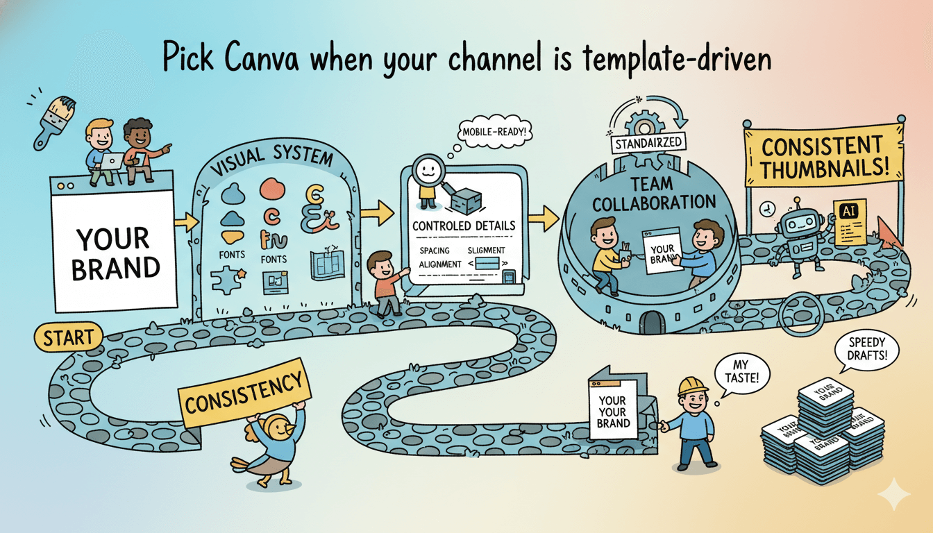 Una infografía de dibujos animados y divertida ilustra cómo usar Canva para canales de YouTube basados en plantillas, enfatizando la coherencia de marca y la colaboración en equipo.