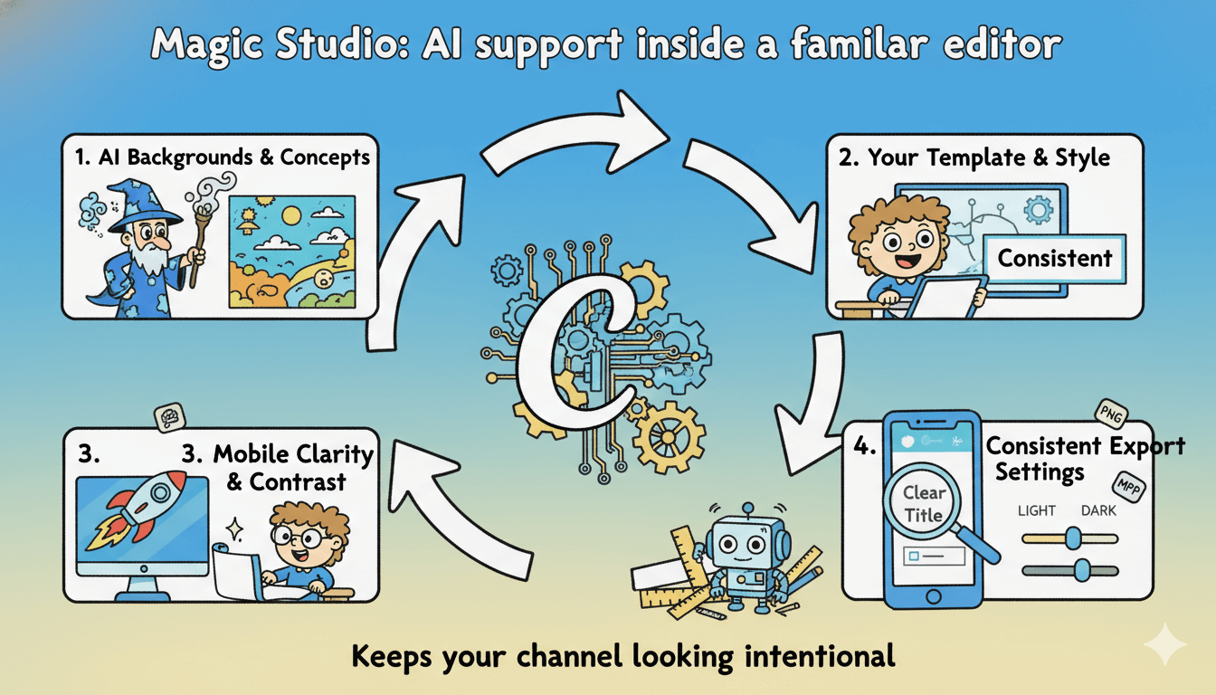 Una infografía de dibujos animados y divertida ilustra cómo la IA de Magic Studio se integra en la edición para lograr una marca coherente de sus canales de YouTube.
