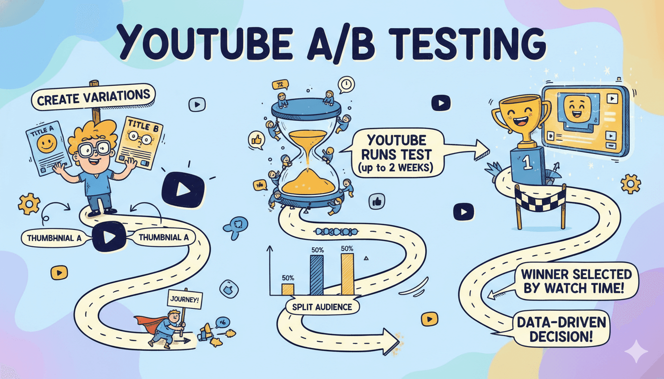 Una infografía de dibujos animados y divertida ilustra el proceso de pruebas A/B en YouTube, mostrando a un creador comparando títulos y miniaturas para encontrar un ganador.