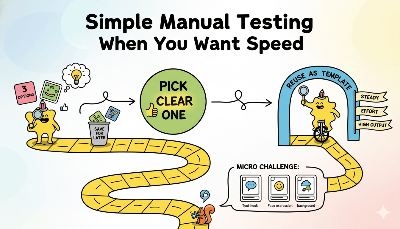 Un diagrama de flujo de dibujos animados y divertido ilustra un sencillo proceso manual de pruebas para crear miniaturas de YouTube, incluyendo un microreto.