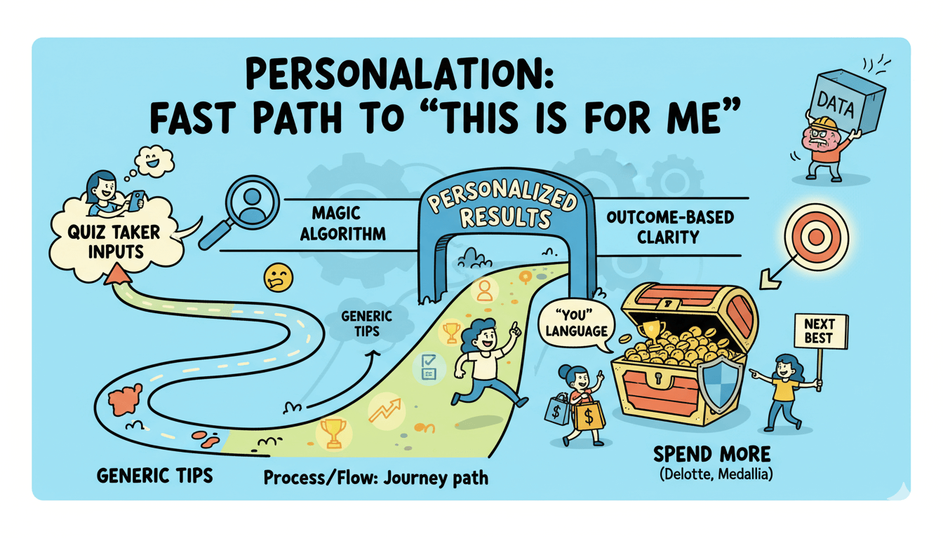 Una infografía divertida ilustra cómo la personalización guía a los participantes desde entradas genéricas hasta resultados personalizados, lo que conduce a una mayor confianza.