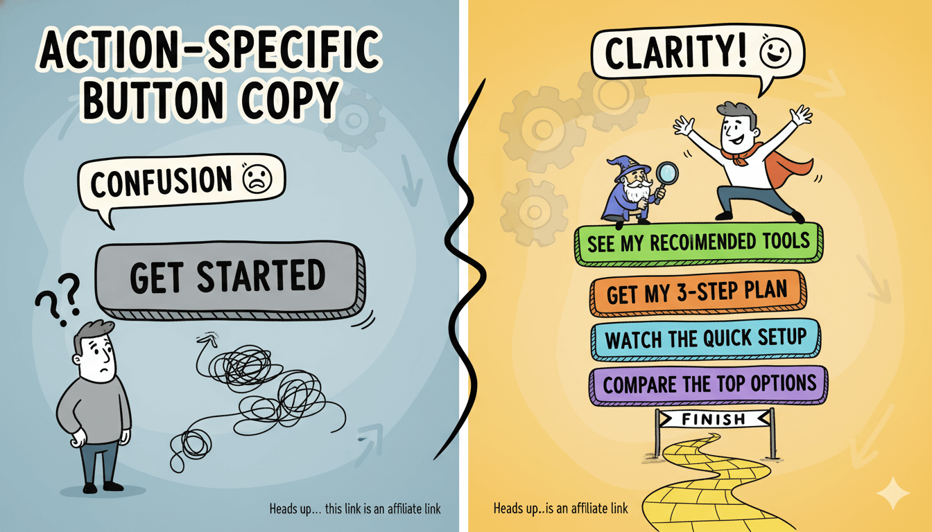 Una infografía de dibujos animados contrasta a una persona confundida mediante un botón genérico de "empezar" con una persona feliz que utiliza un texto claro y específico para la acción para explicar las llamadas a la acción