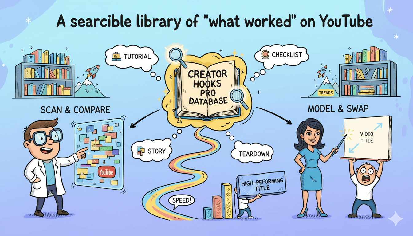 Infografía que ilustra cómo la base de datos buscable de Creator Hooks Pro ayuda a los usuarios a identificar patrones exitosos de títulos y ganchos en YouTube.