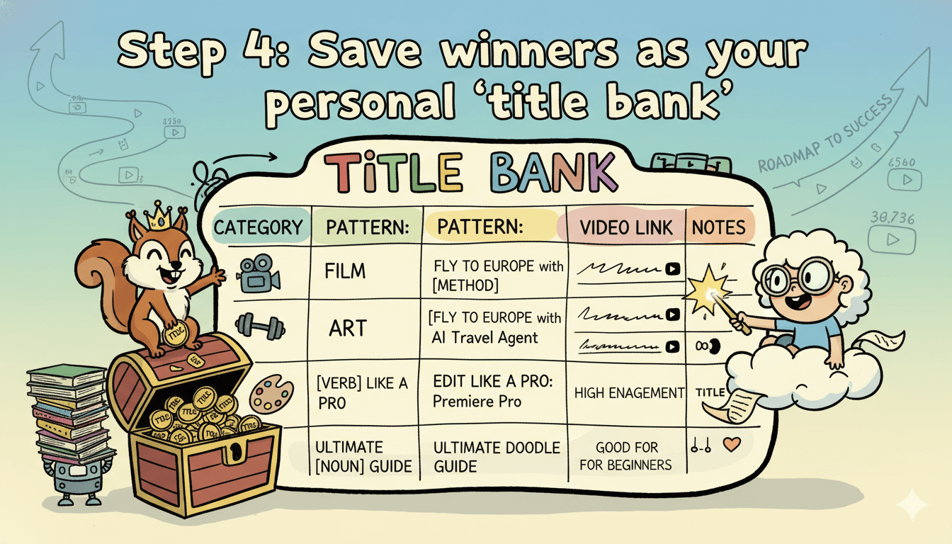 Una infografía de caricaturas caprichosa que ilustra cómo crear un "banco de títulos" guardando patrones de títulos exitosos en una tabla.