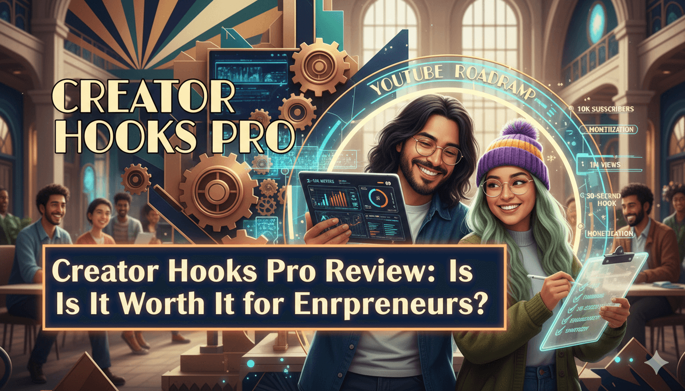 "Reseña de Creator Hooks Pro: ¿Vale la pena para emprendedores?", mostrando a una pareja mexicana sonriente con pelo largo y peludo y gafas, analizando datos y listas de comprobación en un espacio de trabajo colaborativo con "Creator Hooks Pro" de fondo.