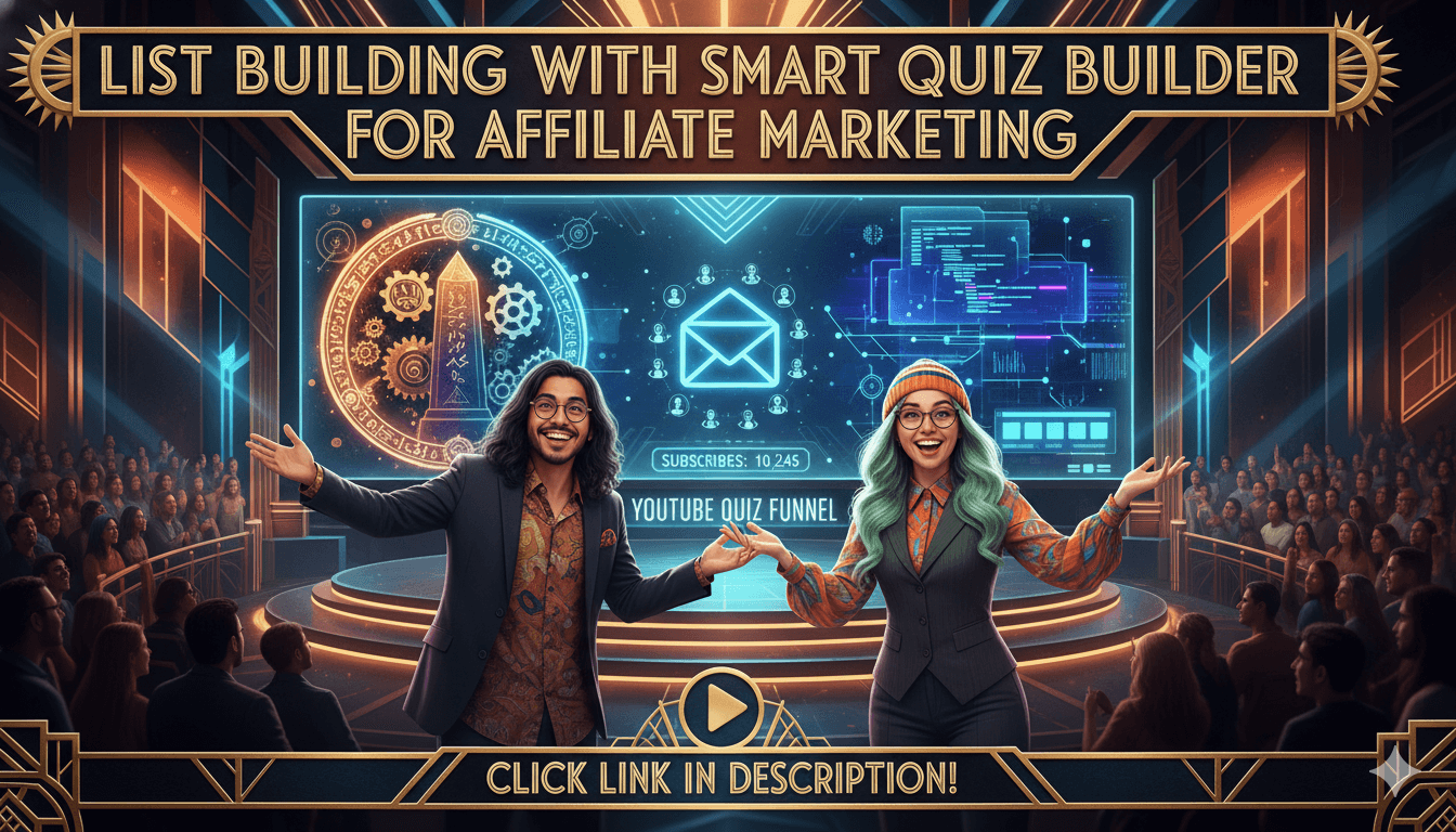 Dos emprendedores entusiasmados en un escenario, con un embudo de concursos y un número creciente de suscriptores, enseñando a construir listas a una audiencia.