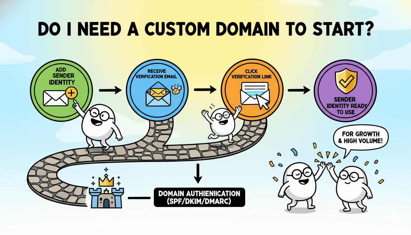 Una infografía cómica y divertida ilustra el proceso de configuración de la identidad del remitente, mostrando los pasos para verificar un correo para empezar.