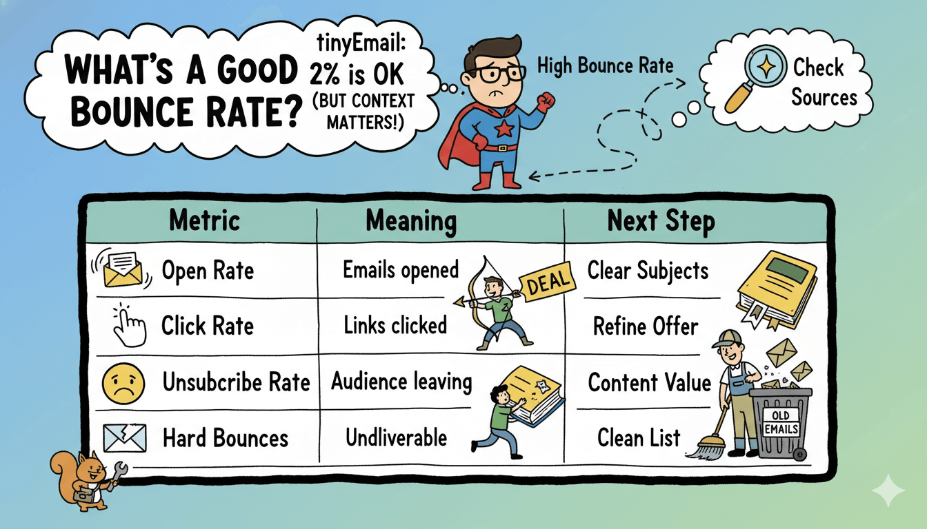 Una infografía divertida explica las métricas del email marketing y su significado, ayudando a los usuarios a entender qué es una buena tasa de rebote.