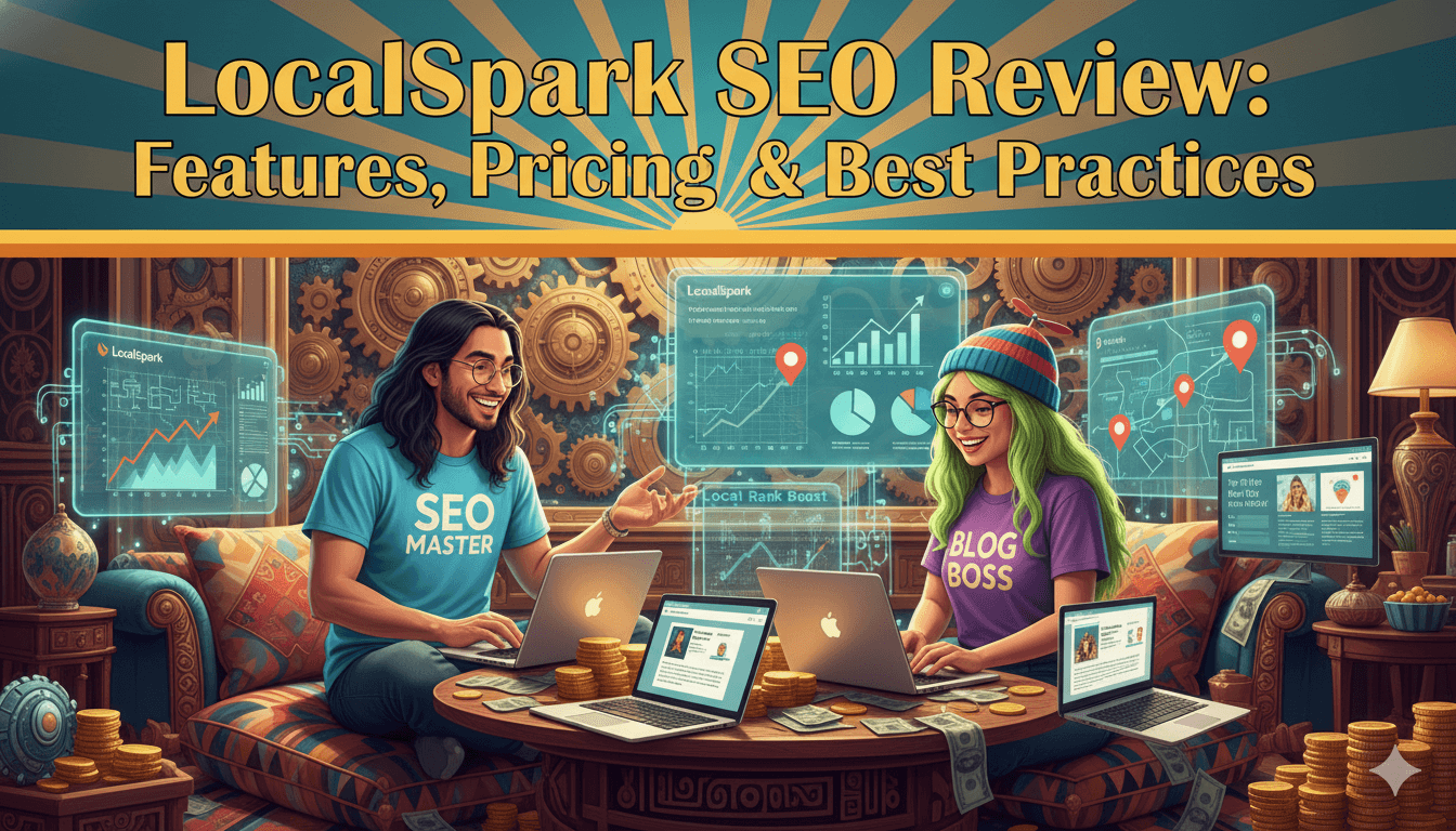 Dos personas sonrientes en un sofá con portátiles, rodeadas de herramientas SEO y dinero, ilustrando los beneficios de LocalSpark para los negocios locales.