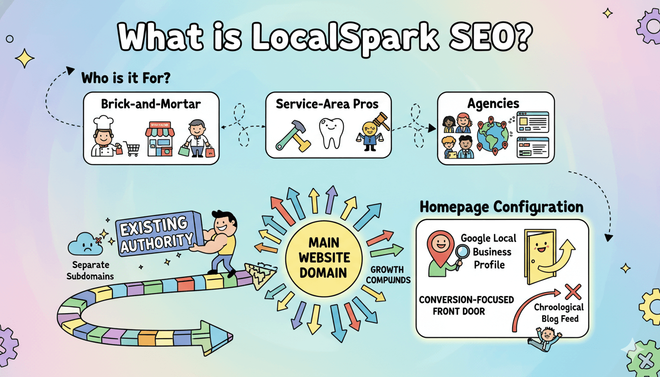 Una infografía caprichosa que ilustra para quién es LocalSpark SEO, mostrando cómo aprovecha la autoridad existente y las configuraciones de la página principal.