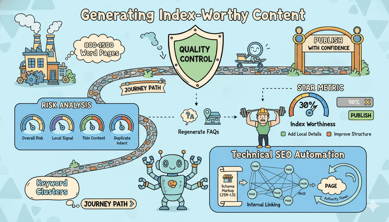 Una infografía de dibujos animados ilustra la diferencia entre el "relleno de palabras clave" con baja relevancia y los "grupos de palabras clave" para SEO de alta autoridad.
