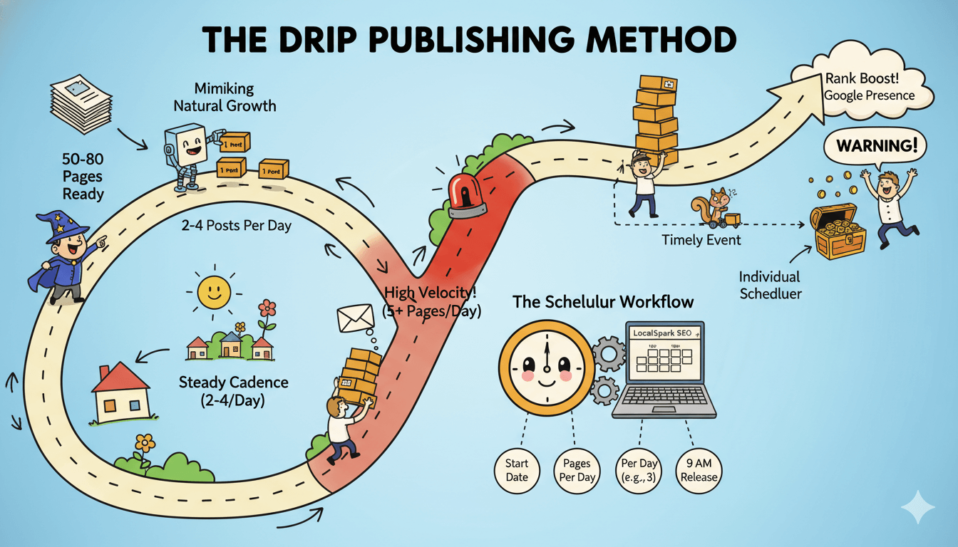 Una infografía de caricaturas caprichosa ilustra el método de publicación goteo de LocalSpark, mostrando un camino desde la creación de contenido hasta un crecimiento constante y natural.