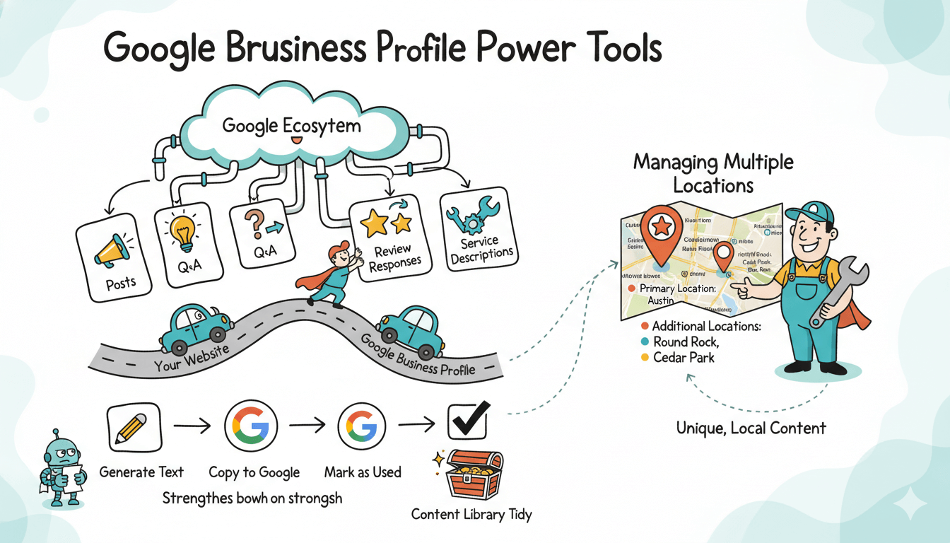 Una infografía divertida muestra las herramientas de LocalSpark para el perfil de Google Business, el flujo de trabajo de contenidos y la gestión de múltiples ubicaciones.